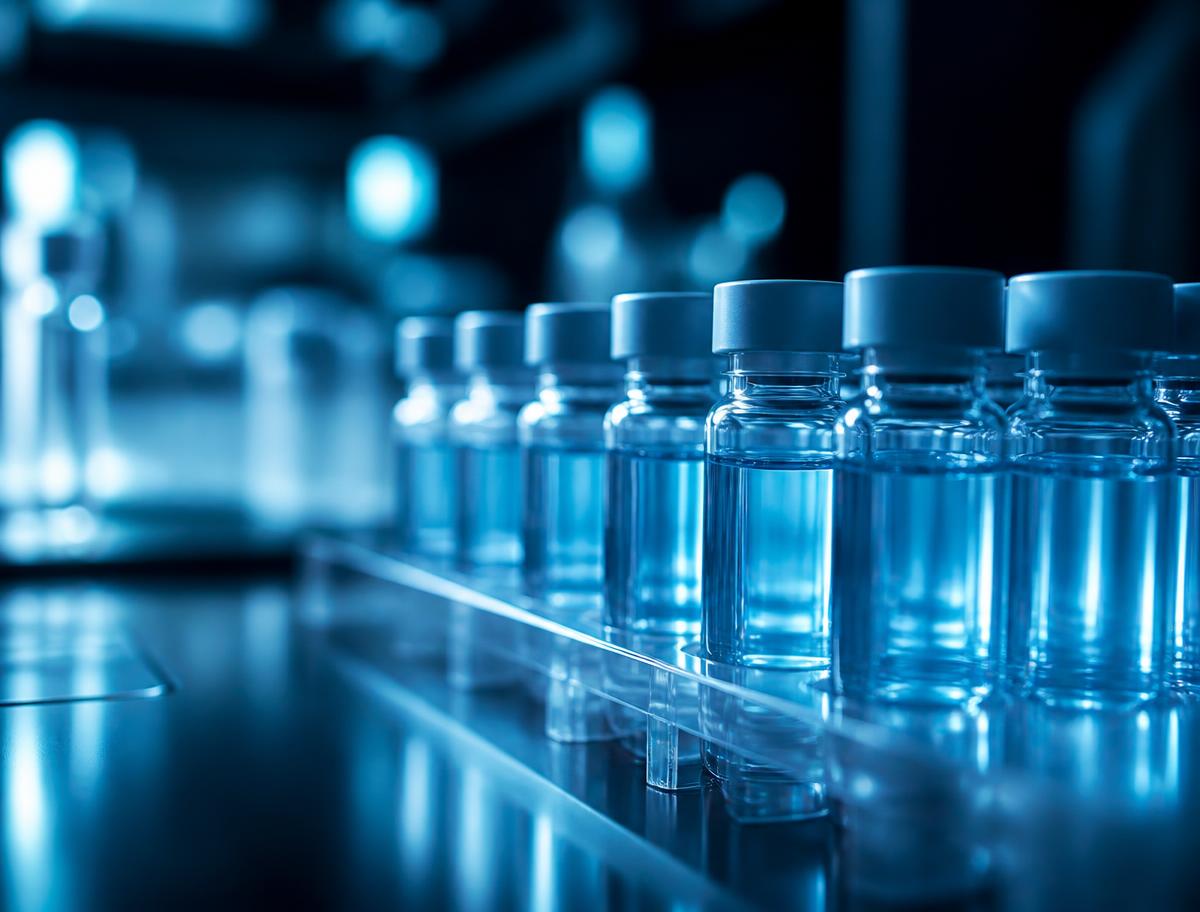 Rack of clear laboratory vials under cool light. Illustrative science image.