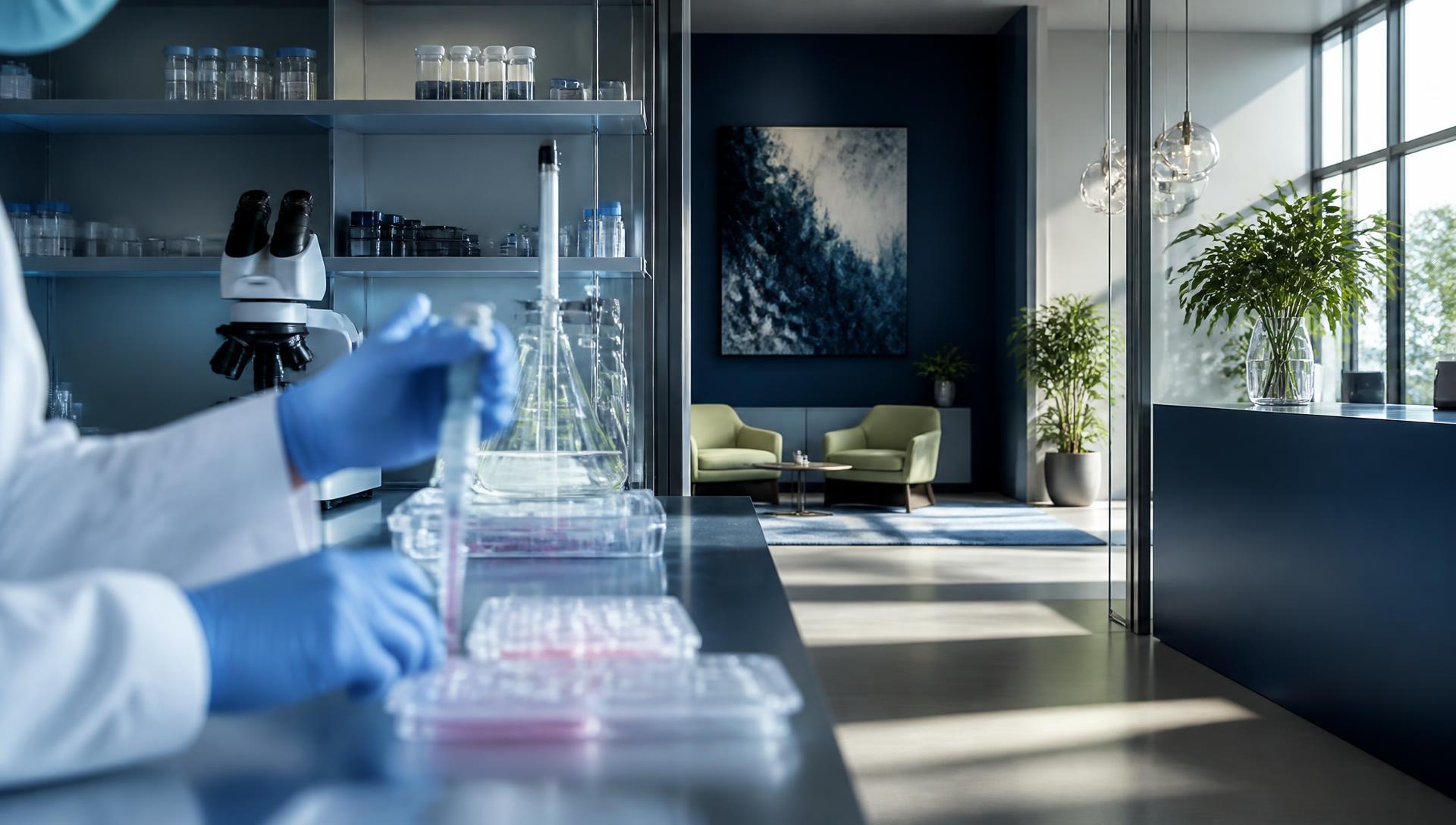 Laboratory bench with cell culture plates beside a calm clinic waiting area. Illustrative image.