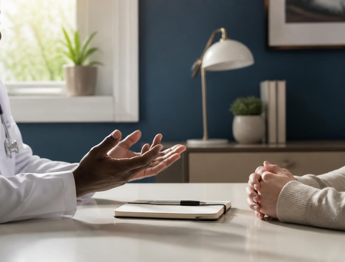 A physician in discussion with a patient across a consulting-room desk. Illustrative image.